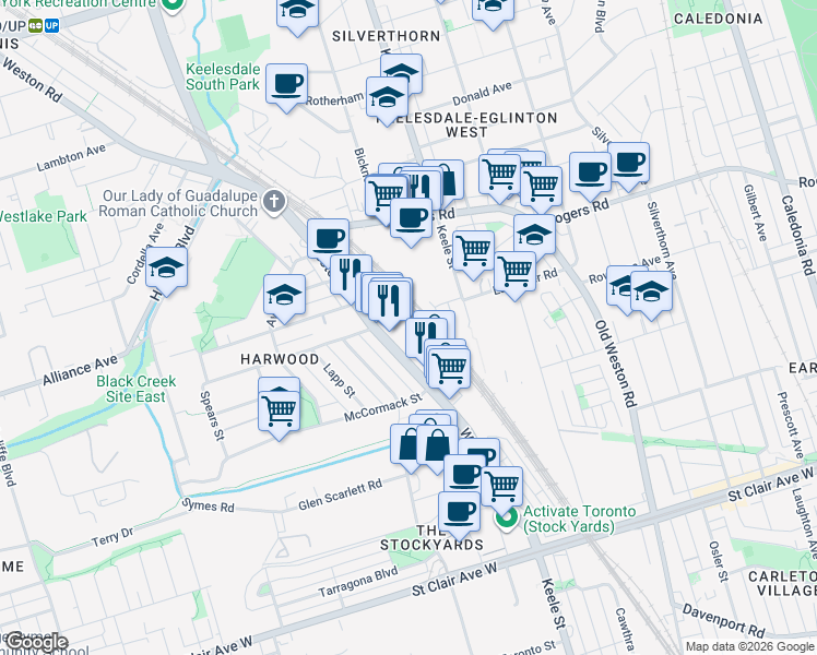 map of restaurants, bars, coffee shops, grocery stores, and more near 325 Weston Road in Toronto