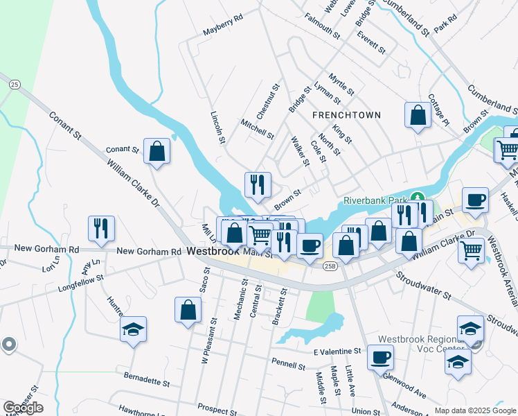 map of restaurants, bars, coffee shops, grocery stores, and more near 90 Bridge Street in Westbrook