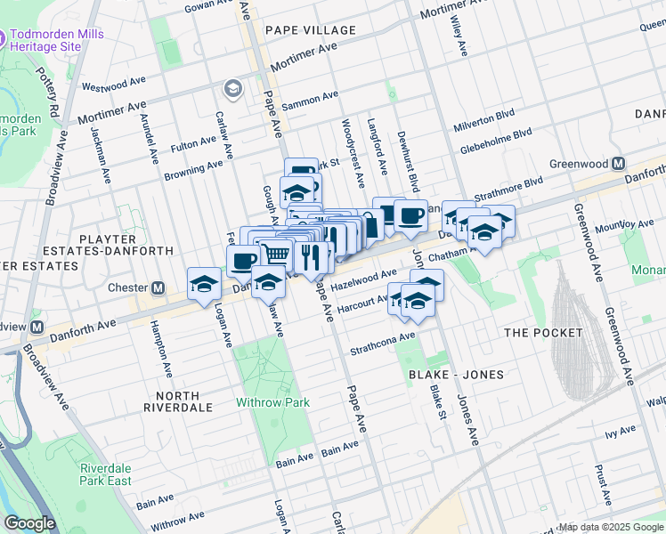 map of restaurants, bars, coffee shops, grocery stores, and more near 683 Danforth Avenue in Toronto