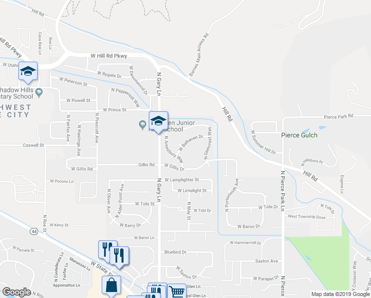 map of restaurants, bars, coffee shops, grocery stores, and more near 7057 West Belhaven Drive in Garden City