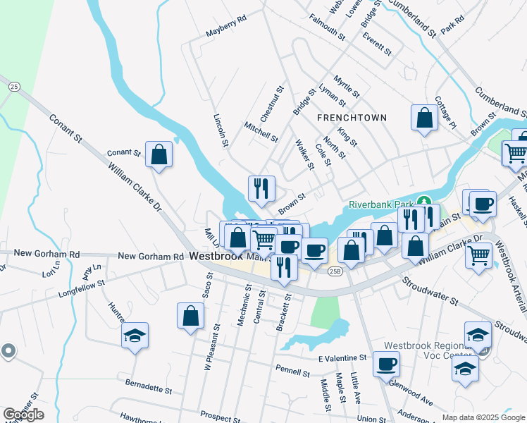 map of restaurants, bars, coffee shops, grocery stores, and more near 90 Bridge Street in Westbrook