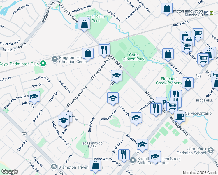map of restaurants, bars, coffee shops, grocery stores, and more near Campbell Drive in Brampton