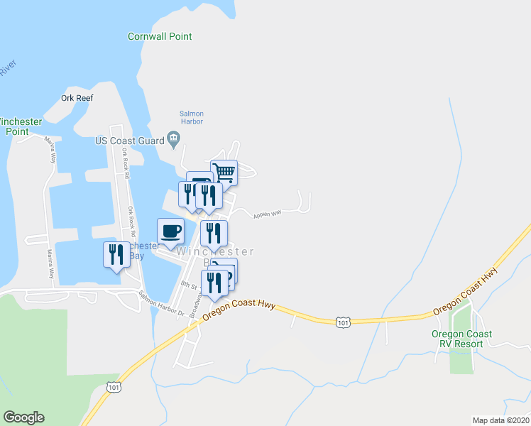 map of restaurants, bars, coffee shops, grocery stores, and more near 362 Appian Way in Winchester Bay