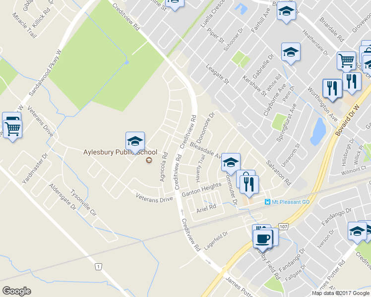 map of restaurants, bars, coffee shops, grocery stores, and more near Signature Lane in Brampton
