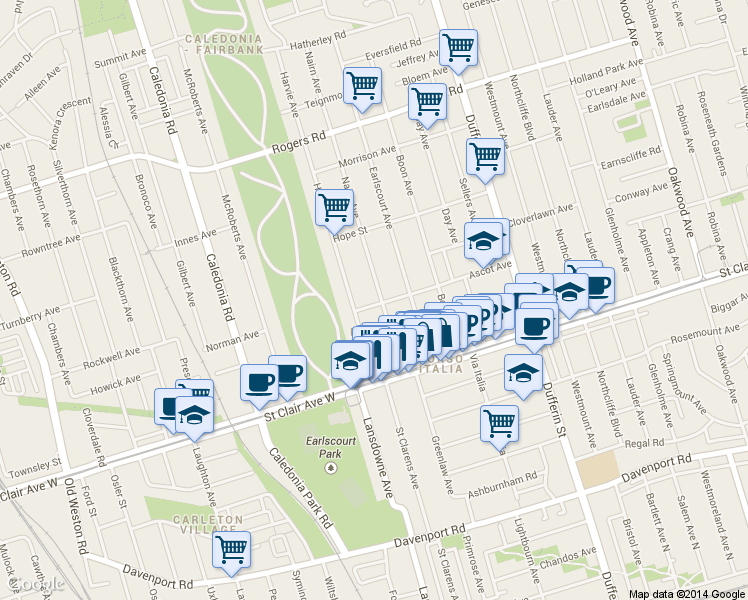 map of restaurants, bars, coffee shops, grocery stores, and more near 140 Ascot Avenue in Toronto