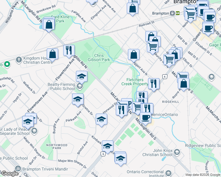 map of restaurants, bars, coffee shops, grocery stores, and more near 37 McLaughlin Road North in Brampton