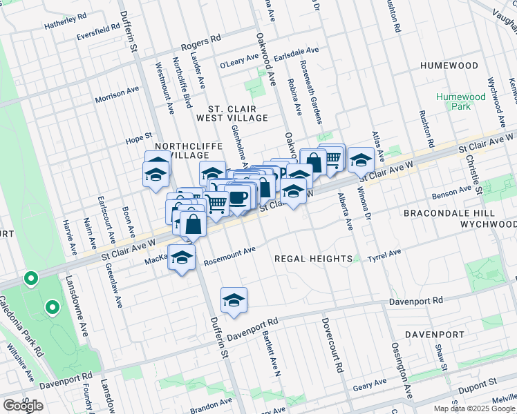 map of restaurants, bars, coffee shops, grocery stores, and more near Saint Clair Avenue West & Glenholme Avenue in Toronto