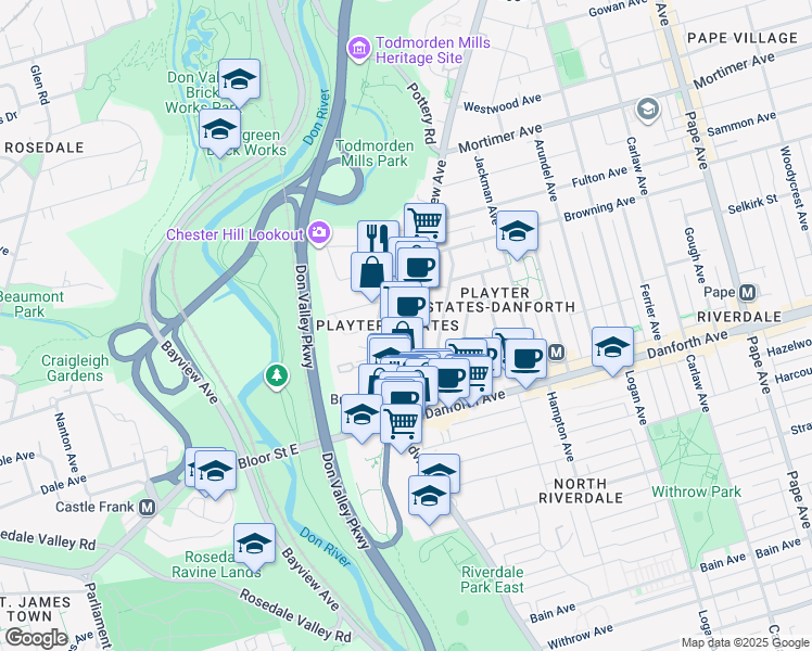 map of restaurants, bars, coffee shops, grocery stores, and more near 850 Broadview Avenue in Toronto