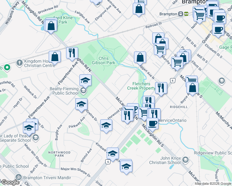 map of restaurants, bars, coffee shops, grocery stores, and more near 40 McLaughlin Road North in Brampton