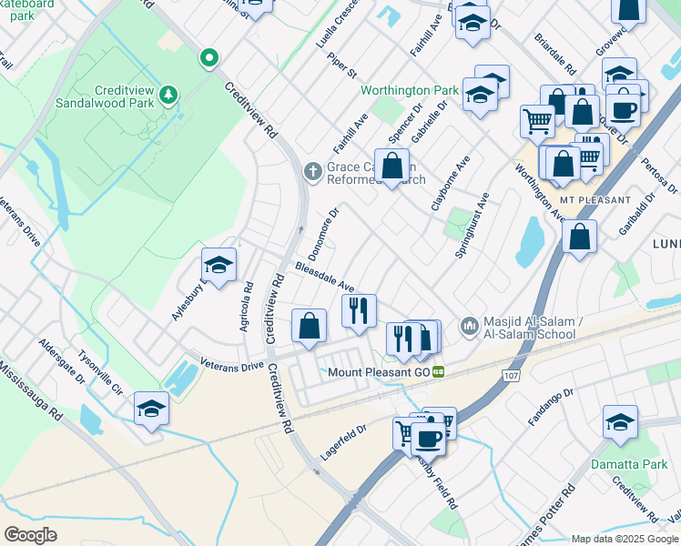 map of restaurants, bars, coffee shops, grocery stores, and more near 38 Bevington Road in Brampton