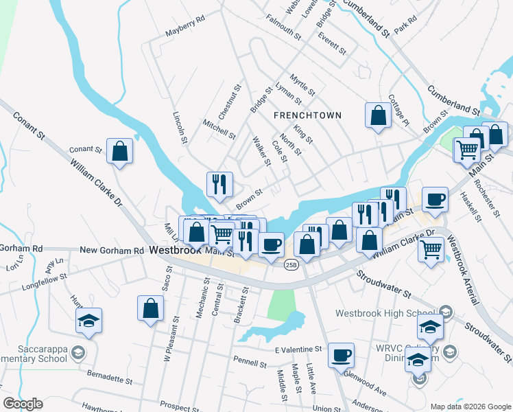 map of restaurants, bars, coffee shops, grocery stores, and more near 1 Dana Court in Westbrook