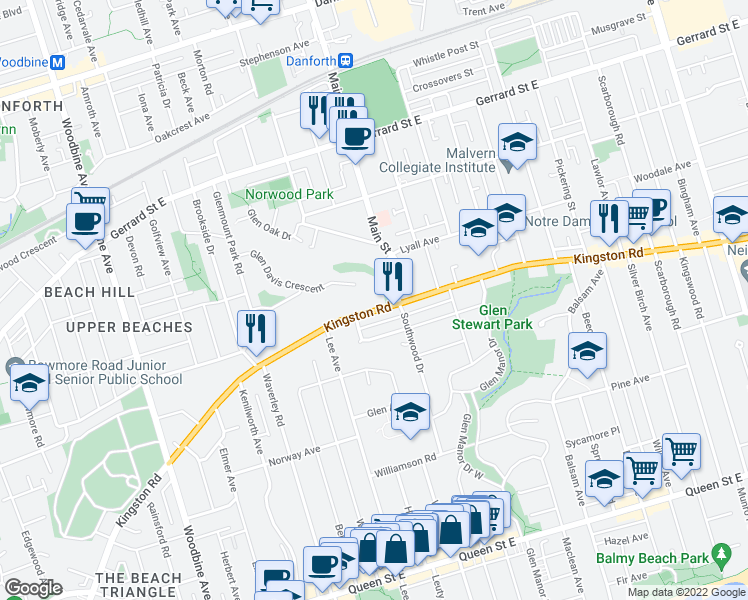 map of restaurants, bars, coffee shops, grocery stores, and more near 630 Kingston Road in Toronto