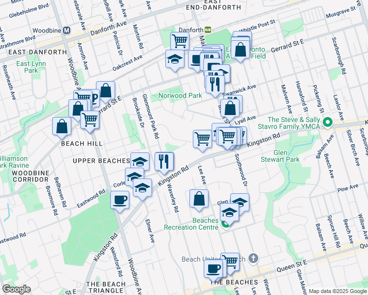 map of restaurants, bars, coffee shops, grocery stores, and more near in Toronto