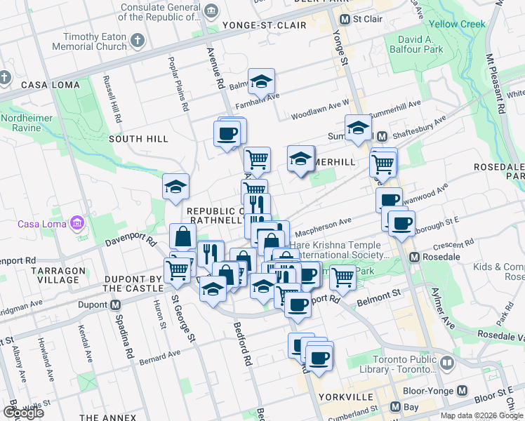 map of restaurants, bars, coffee shops, grocery stores, and more near in Toronto