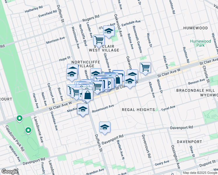 map of restaurants, bars, coffee shops, grocery stores, and more near 1069 Saint Clair Avenue West in Toronto