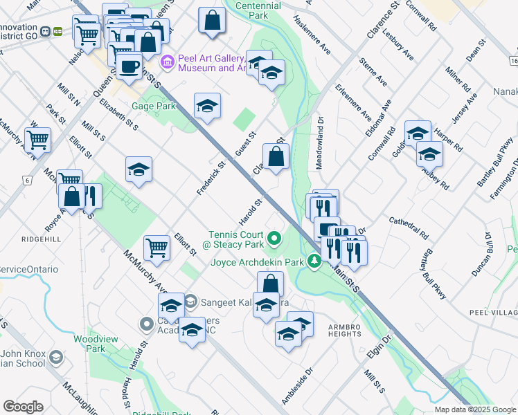map of restaurants, bars, coffee shops, grocery stores, and more near 9 Harold Street in Brampton