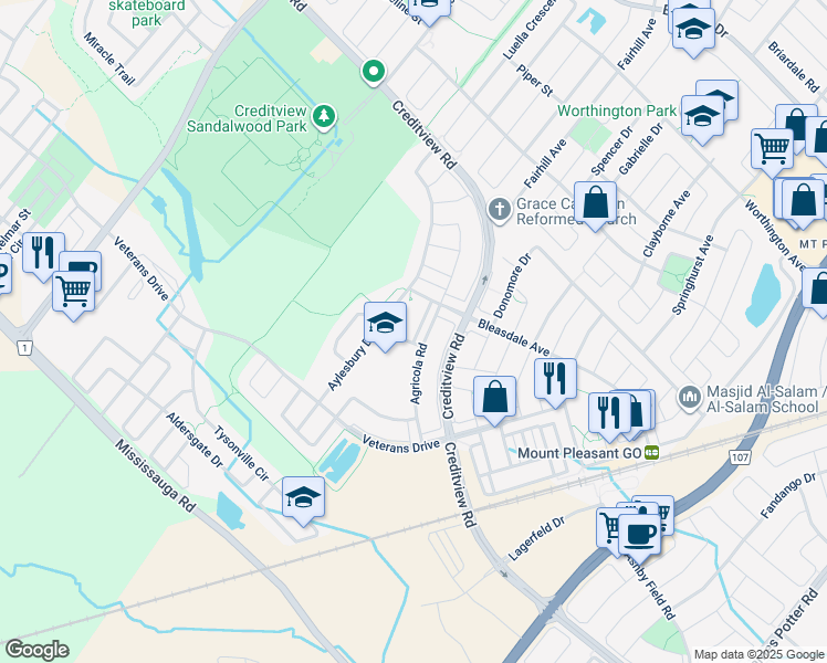 map of restaurants, bars, coffee shops, grocery stores, and more near 49 Agricola Road in Brampton