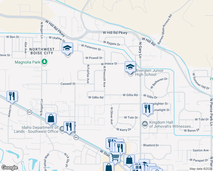 map of restaurants, bars, coffee shops, grocery stores, and more near 6650 North Prescott Avenue in Boise