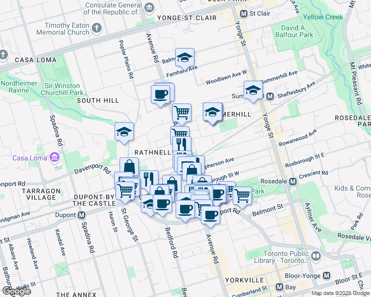 map of restaurants, bars, coffee shops, grocery stores, and more near 285 Avenue Road in Toronto