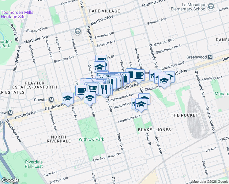 map of restaurants, bars, coffee shops, grocery stores, and more near 699 Danforth Avenue in Toronto
