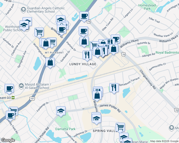 map of restaurants, bars, coffee shops, grocery stores, and more near 123 Dunlop Court in Brampton