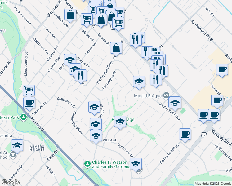 map of restaurants, bars, coffee shops, grocery stores, and more near 62 Roberts Crescent in Brampton