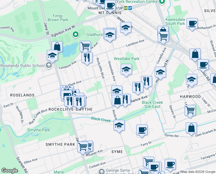 map of restaurants, bars, coffee shops, grocery stores, and more near 81 Rockcliffe Boulevard in Toronto