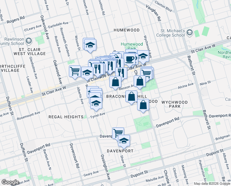 map of restaurants, bars, coffee shops, grocery stores, and more near 56 Arlington Avenue in Toronto