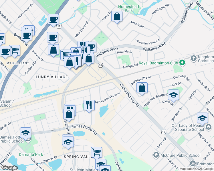 map of restaurants, bars, coffee shops, grocery stores, and more near 105 Spicebush Terrace in Brampton