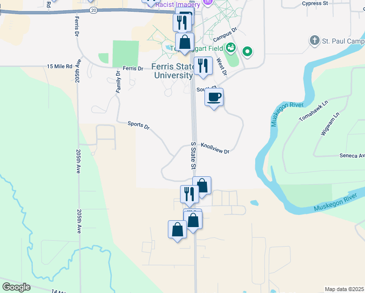 map of restaurants, bars, coffee shops, grocery stores, and more near 111 West Knollview Drive in Big Rapids