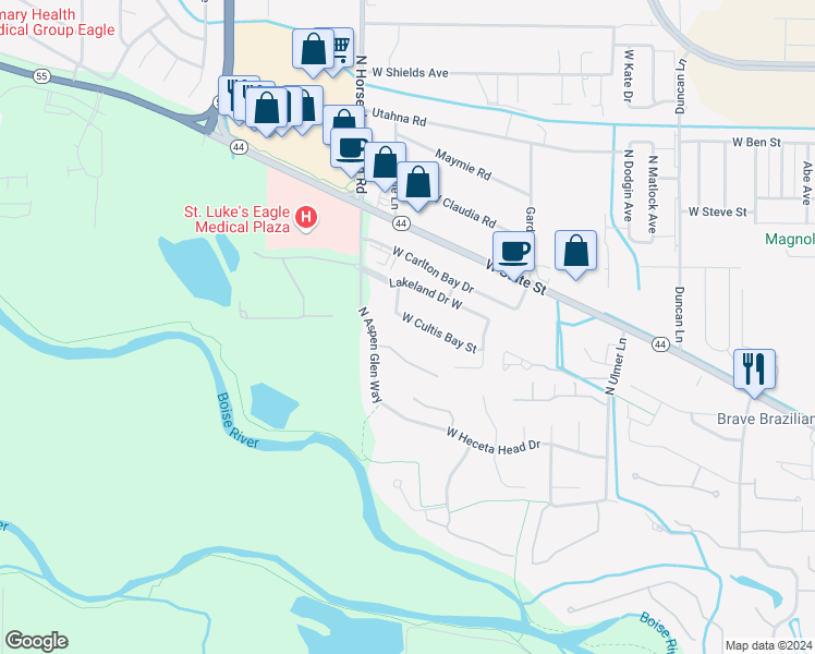 map of restaurants, bars, coffee shops, grocery stores, and more near 10337 West Cultis Bay Street in Garden City