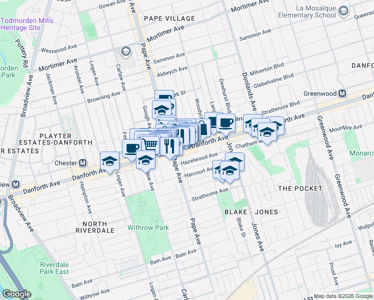 map of restaurants, bars, coffee shops, grocery stores, and more near 701 Danforth Avenue in Toronto