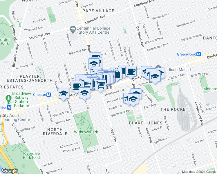 map of restaurants, bars, coffee shops, grocery stores, and more near 701 Danforth Avenue in Toronto