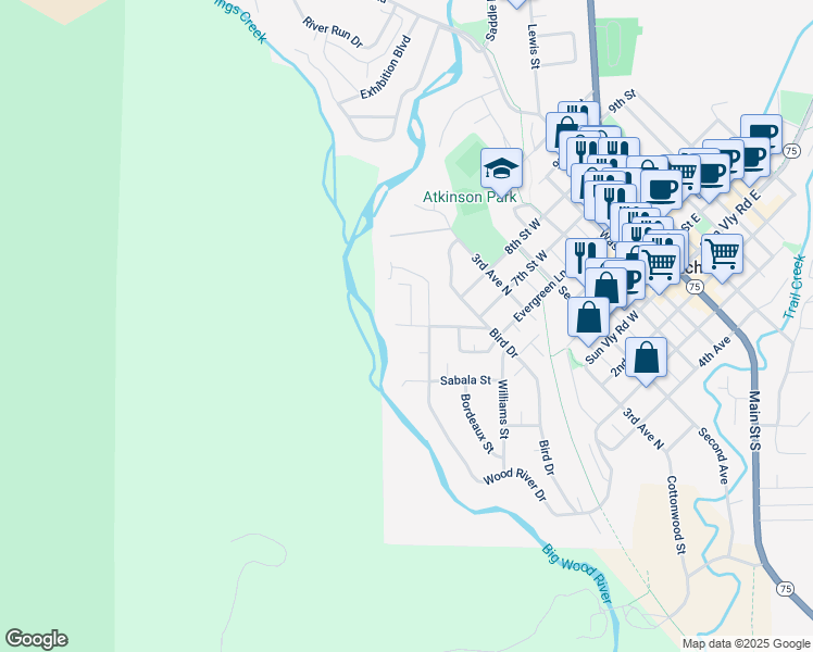map of restaurants, bars, coffee shops, grocery stores, and more near 220 Buss Elle Road in Ketchum