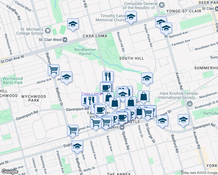 map of restaurants, bars, coffee shops, grocery stores, and more near 274 Spadina Road in Toronto