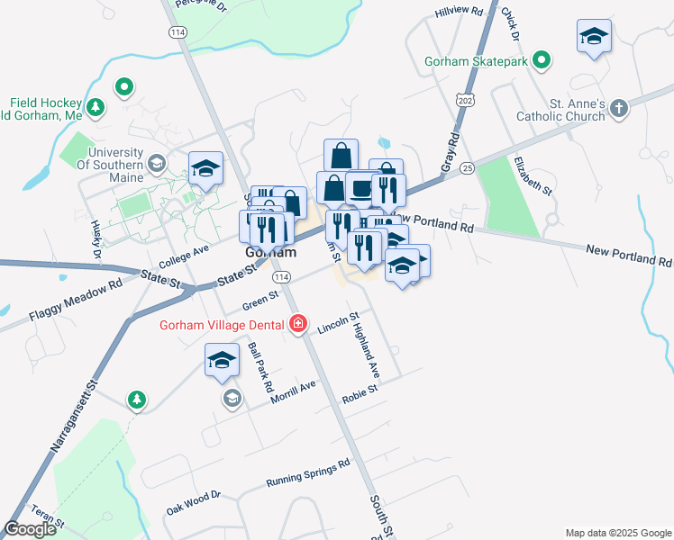 map of restaurants, bars, coffee shops, grocery stores, and more near 25 Elm Street in Gorham