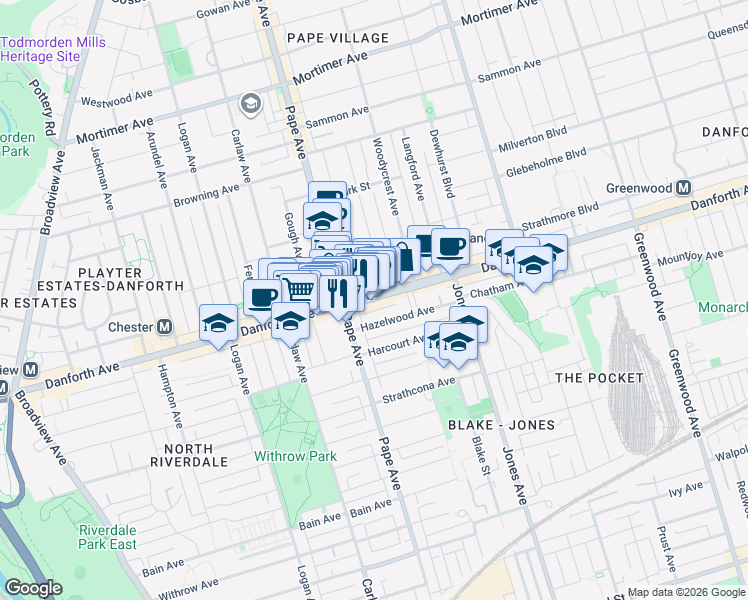 map of restaurants, bars, coffee shops, grocery stores, and more near 705a Danforth Avenue in Toronto