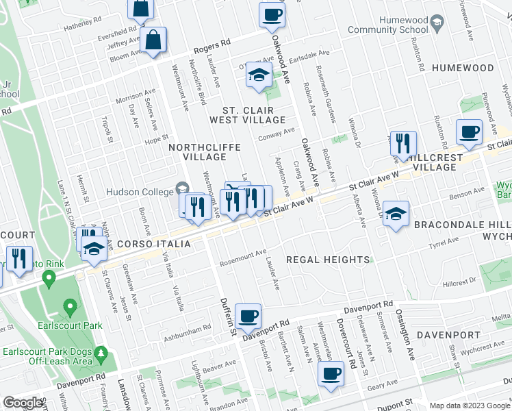map of restaurants, bars, coffee shops, grocery stores, and more near 167 Lauder Avenue in Toronto