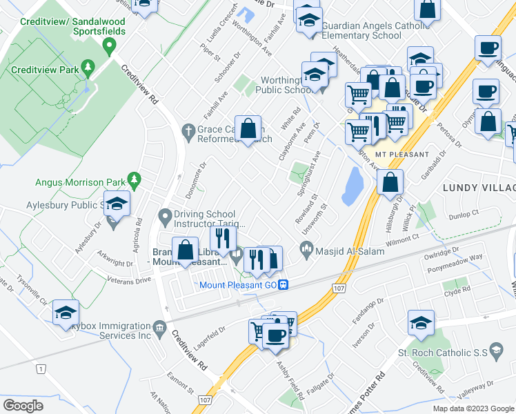 map of restaurants, bars, coffee shops, grocery stores, and more near 2 Clenston Road in Brampton