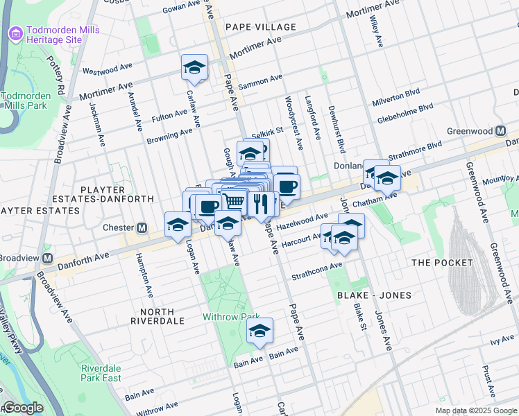 map of restaurants, bars, coffee shops, grocery stores, and more near 646 Danforth Avenue in Toronto