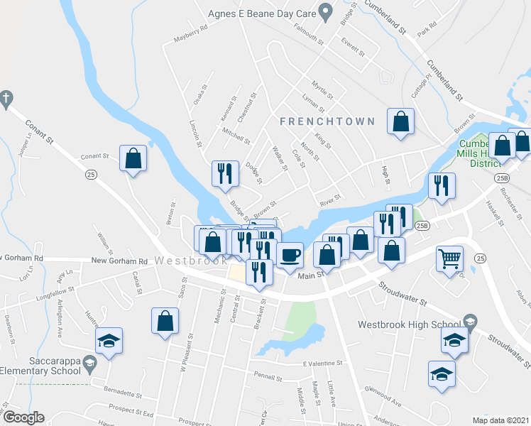 map of restaurants, bars, coffee shops, grocery stores, and more near 1 Dana Court in Westbrook