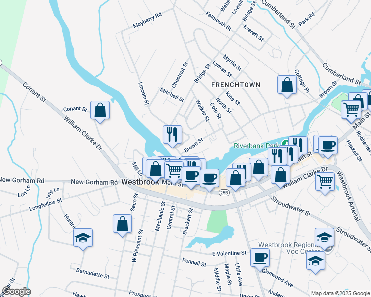 map of restaurants, bars, coffee shops, grocery stores, and more near 1 Dana Court in Westbrook