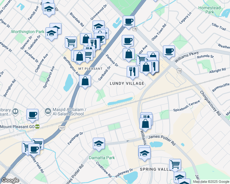 map of restaurants, bars, coffee shops, grocery stores, and more near in Brampton