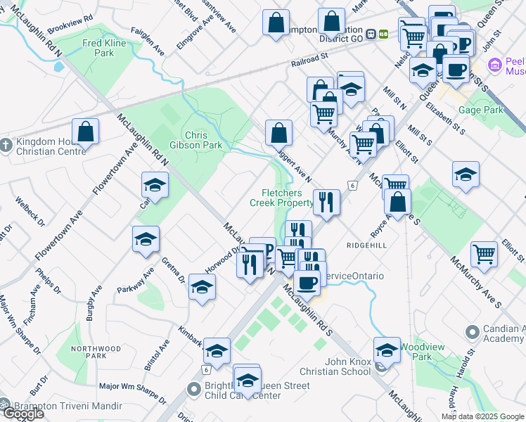 map of restaurants, bars, coffee shops, grocery stores, and more near 19 Braemore Road in Brampton
