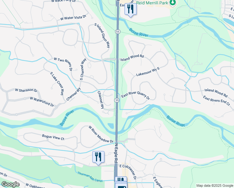 map of restaurants, bars, coffee shops, grocery stores, and more near South Eagle Road in Eagle