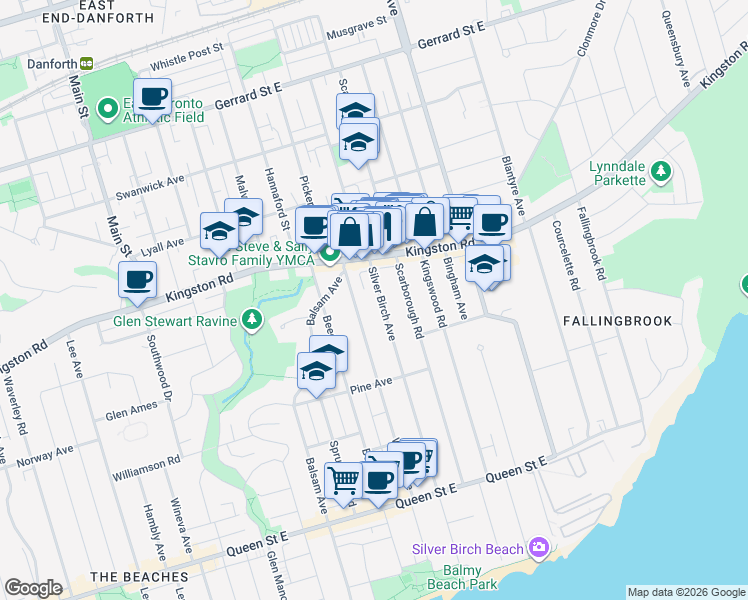 map of restaurants, bars, coffee shops, grocery stores, and more near 276 Silver Birch Avenue in Toronto
