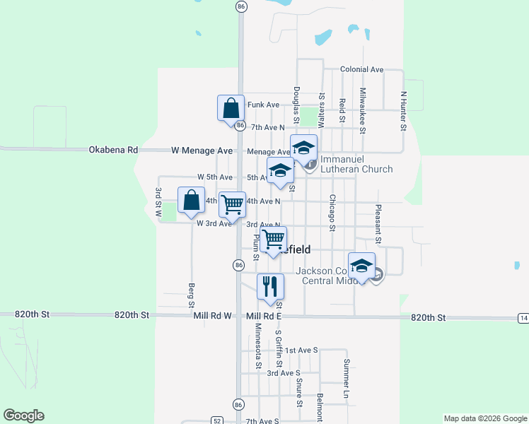 map of restaurants, bars, coffee shops, grocery stores, and more near 322 Plum Street in Lakefield