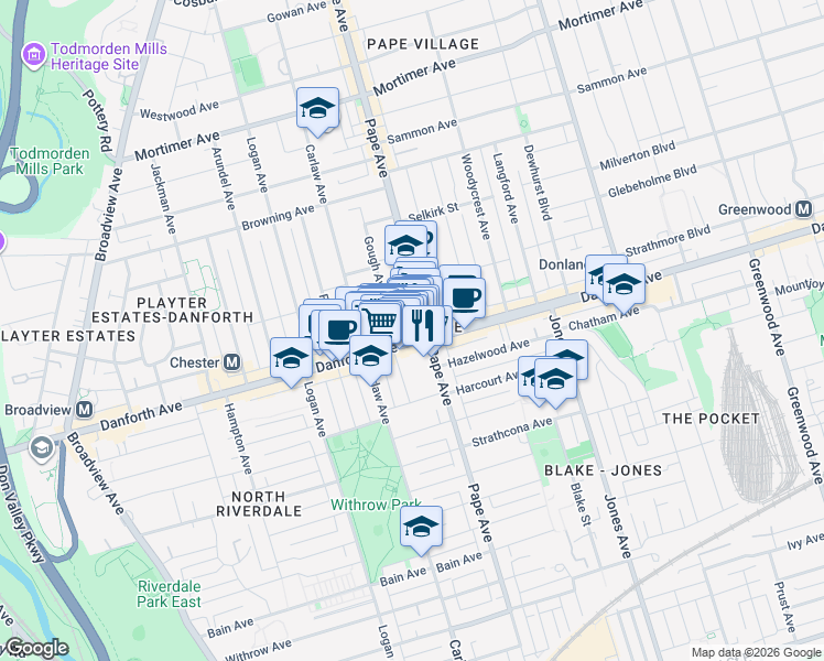 map of restaurants, bars, coffee shops, grocery stores, and more near 636 Danforth Avenue in Toronto