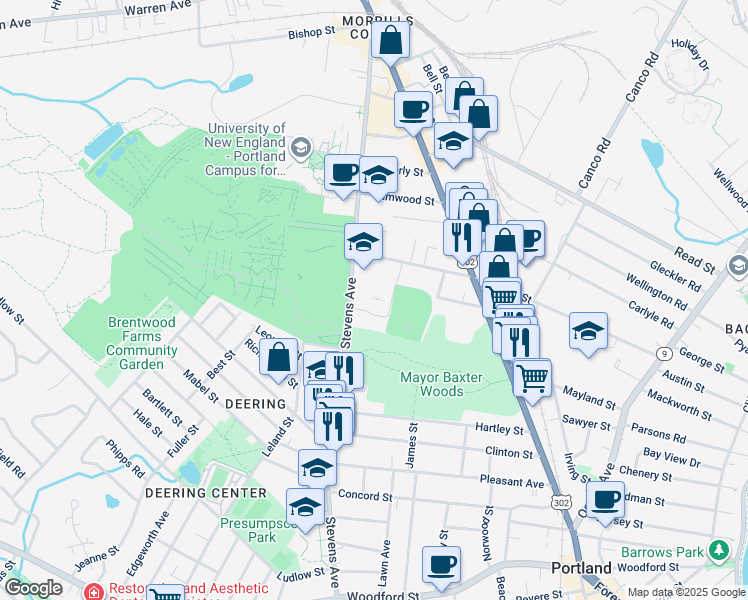 map of restaurants, bars, coffee shops, grocery stores, and more near 605 Stevens Avenue in Portland