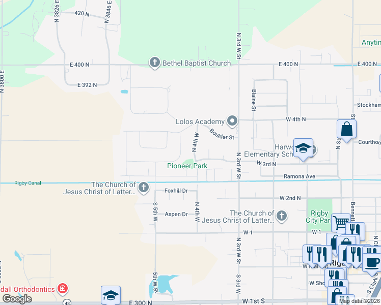 map of restaurants, bars, coffee shops, grocery stores, and more near 497 West 3rd North in Rigby